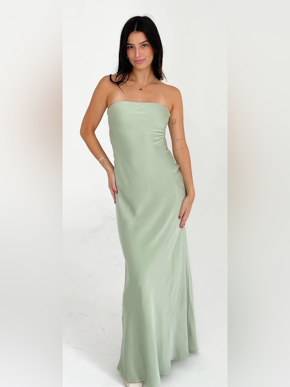 Strapless Satin Maxi Dress in Sage Green